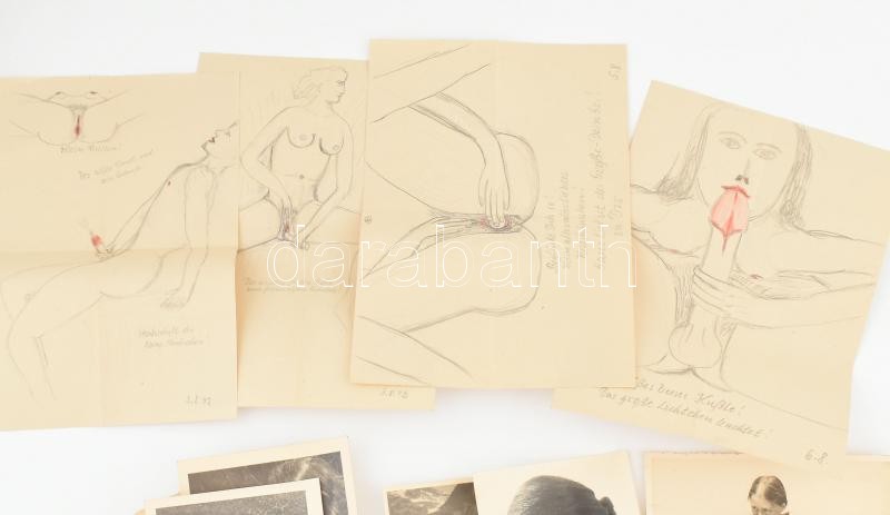 cca 1935-1940 Erotika a 3. birodalomban. Két, náci párttag fiatal erotikus tartalmú levelezése és kapcsolódó okmányok, rajzok. Fotók, közötte erotikus, porno rajzok, szerelmes levelek náci fejléces papírok, reklámok, stb - Image 3