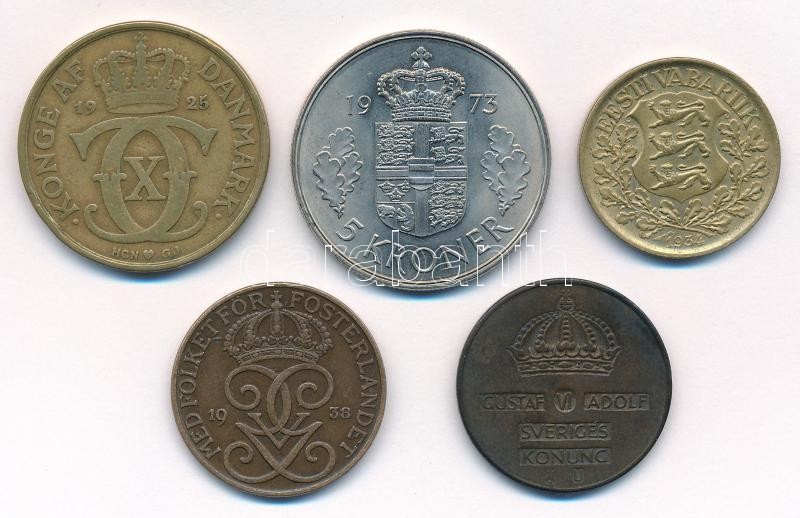Dánia 1925. 2kr Cu + 1973. 5kr Cu-Ni 'II. Margit' + Észtország 1934. 1K + Svédország 1938. 5ö bronz + 1964. 5ö bronz T:1--2- Denmark 1925. 2 Kroner Cu + 1973. 5 Kroner Cu-Ni 'Margaret II' + Estonia 1934. 1 Kroon Cu + Sweden 1938. 5 Öre - Image 2