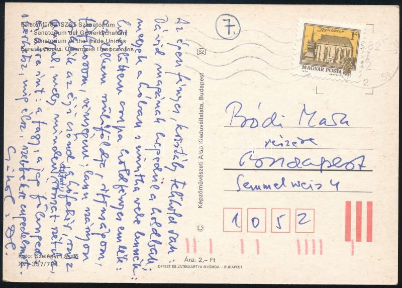 1982.I.12 Keresztury Dezső (1904-1996) író, költő, korábbi politikus autográf verses sorai Bódi Marának, Balatonfüredről küldött képeslapon: 'Az égen fényes, kristály telihold van: Dávid magának hegedül a holdban (...)'.