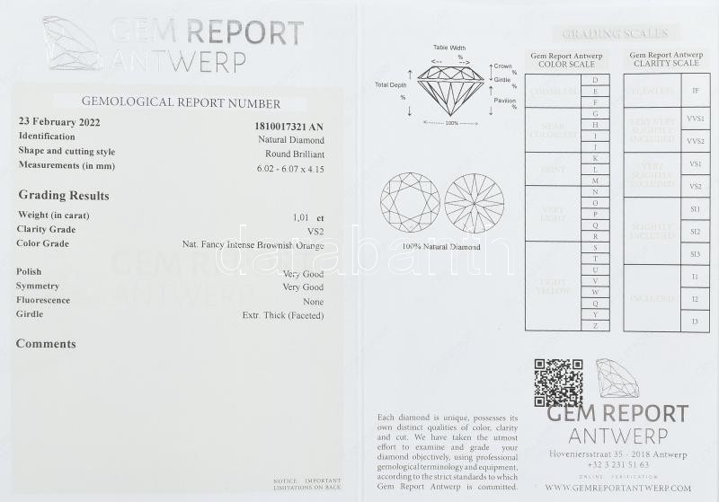 Briliáns csiszolású gyémánt 1,01 carat VS 2. (6,02x6,07x4,15 mm ), certifikáttal. / Diamond oval shape with certificate - Image 4