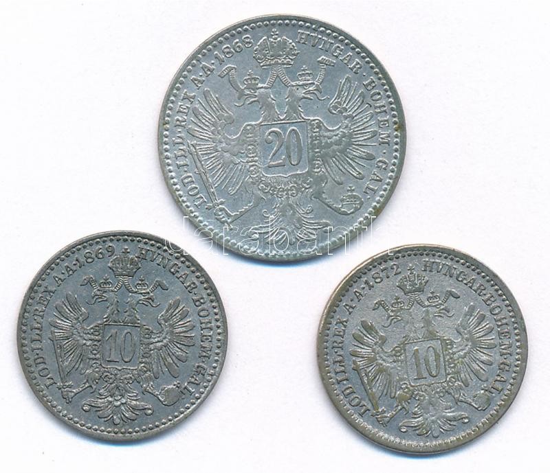 Ausztria 1868. 20kr Ag + 1869-1872. 10kr Ag (2x) 'Ferenc József' T:2,2 patina Austria 1868. 20 Kreuzer Ag + 1869-1872. 10kr Ag (2x) 'Franz Joseph' C:XF,VF patina Krause KM#2212 - Image 2