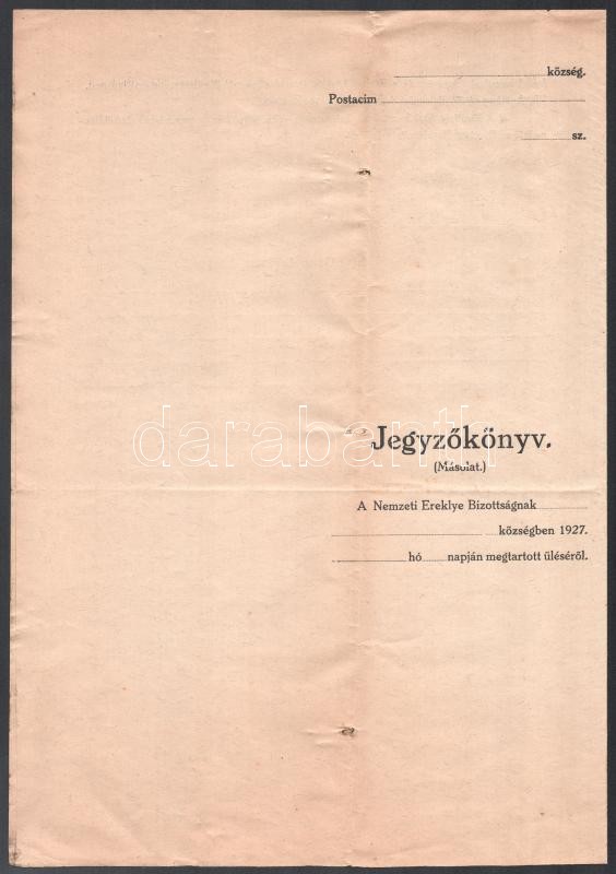 cca 1930 Nemzeti Ereklye Helyi Bizottsága kitöltetlen jegyzőkönyv minta - Image 4