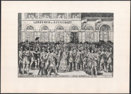 Gacs Gábor (1930-2019): Szétosztják a szabadsajtó első termékét 1848. március 15-én. Rézkarc, papír, jelzett, 20x29 cm