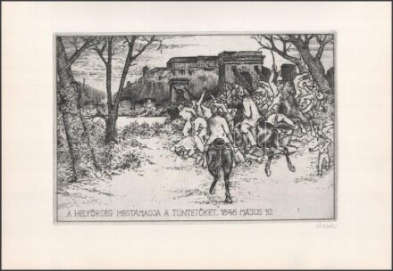 Rozanits Tibor (1931-): A helyőrség megtámadja a tüntetőket. Rézkarc, papír, jelzett. 20x29,5 cm