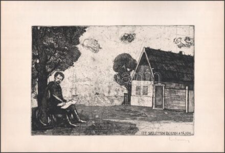 Lukovszky László (1922-1981): Itt születtem én, ezen a tájon. Rézkarc, papír, jelzett. 20x29,5 cm