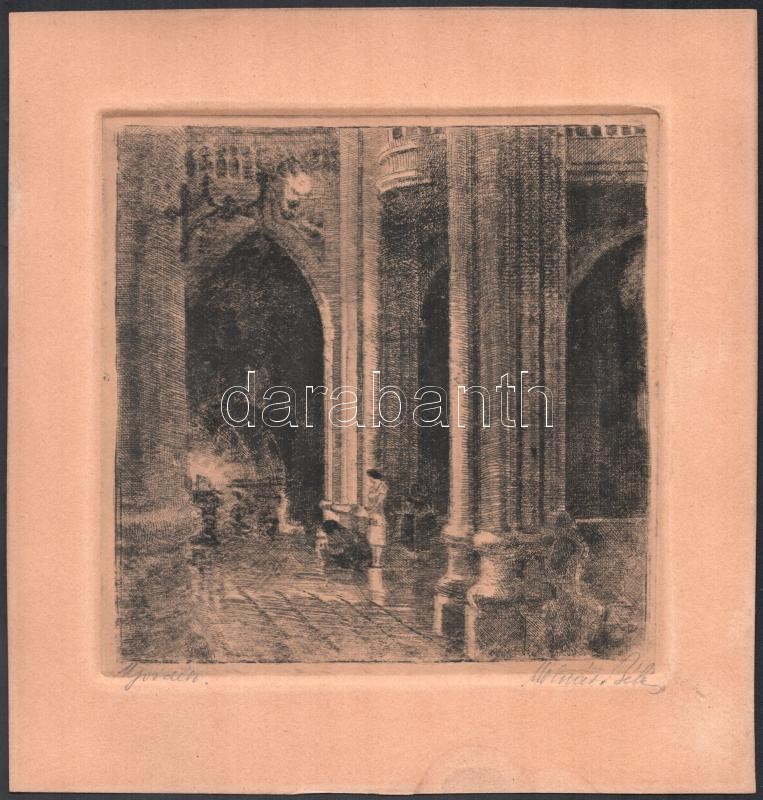 Molnár Béla (1904-1971): Újvidék. Rézkarc, papír, jelzett, 20x20 cm