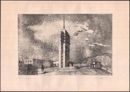 Mermeze Nóra (1938-): TV adótorony (Buda). Rézkarc, papír, Jelzett. 20x30,5 cm