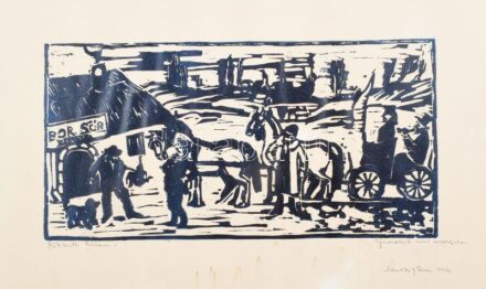 Jánossy Ferenc (1926-1983): Mikszáth Kálmán Gavalérok c. novellájához. Monotípia, papír, jelzett. Foltos. 21x42cm