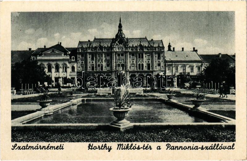 Szatmárnémeti, Satu Mare; Horthy Miklós tér a Pannónia szállóval / square, hotel