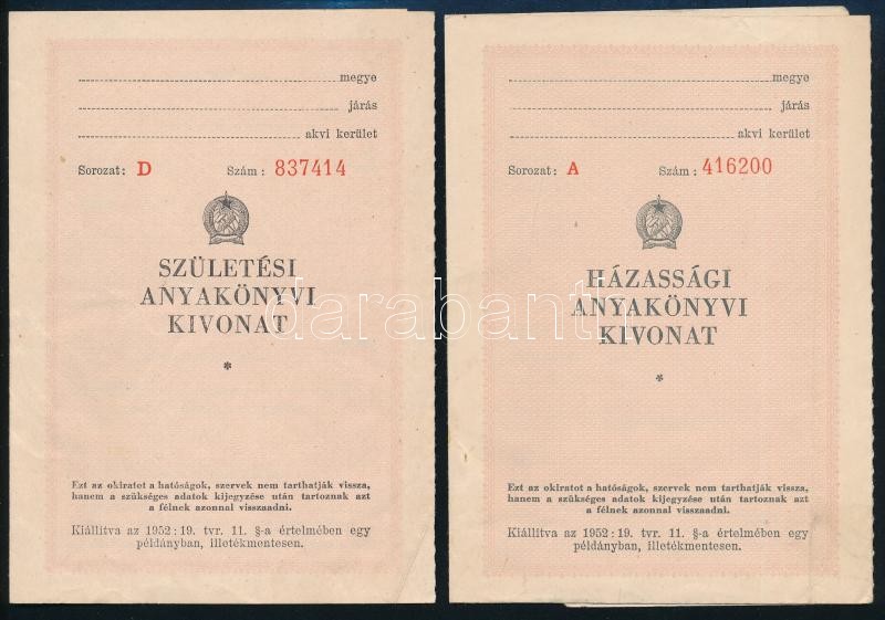 cca 1950 2 db kitöltetlen születési és házassági anyakönyvi kivonat Rákosi címerrel