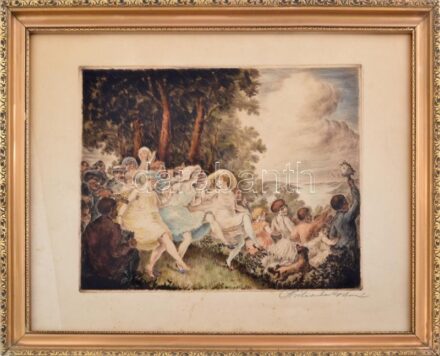 Prihoda István (1891-1965): Majális. Színezett rézkarc, papír, jelzett. Lapon apró foltokkal. Üvegezett fakeretben. 25x32 cm