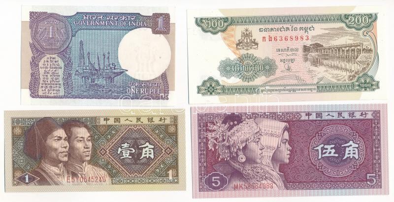 4db-os vegyes külföldi bankjegy tétel, közte India 1990. 1R + Kambodzsa 1998. 200R + Kína 1980. 1J + 5J T:I,I- az egyiken tűzőgép ly. 4pcs of mixed foreign banknote lot, in it India 1990. 1 Rupee + Cambodia 1998. 200 Riels + China 1980. 1