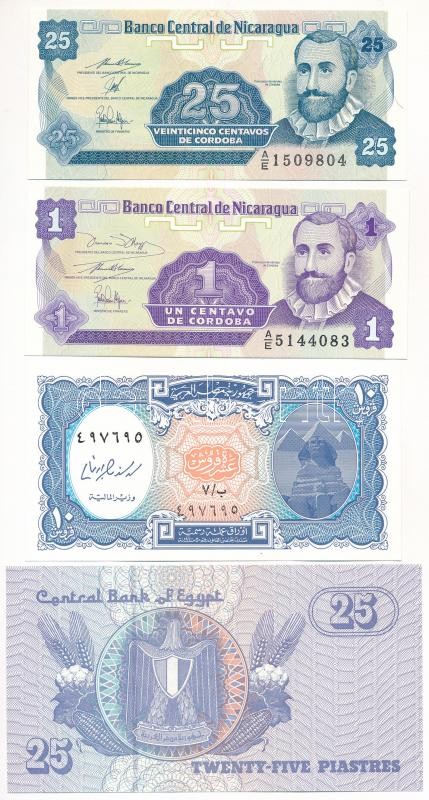 4db-os vegyes külföldi bankjegy tétel, közte Egyiptom 2004-2008. 25p + 2006. 10p + Nicaragua DN (1991) 1c + 25c T:I,I- 4pcs of mixed foreign banknote lot, in it Egypt 2004-2008. 25 Piastres + 2006. 10 Piastres + Nicaragua ND (1991) 1 Centavo +