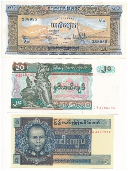 Kambodzsa DN (1972) 50R + 2001. 100R + Mianmar / Burma 1973. 5K + DN (1994) 20K + DN (1997) 5K T:I,I- az egyiken folt Cambodia ND (1972) 50 Riels + 2001. 100 Riels + Myanmar / Burma 1973. 5 Kyats + ND (1994) 20 Kyats + ND (1997) 5 Kyats C:UNC,AU