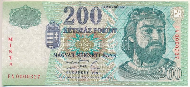 1998. 200Ft 'MINTA' felülnyomással, 'FA 0000327' sorszámmal T:I / Hungary 1998. 200 Forint with 'MINTA' overprint, and 'FA 0000327' serial number C:UNC Adamo F53M2