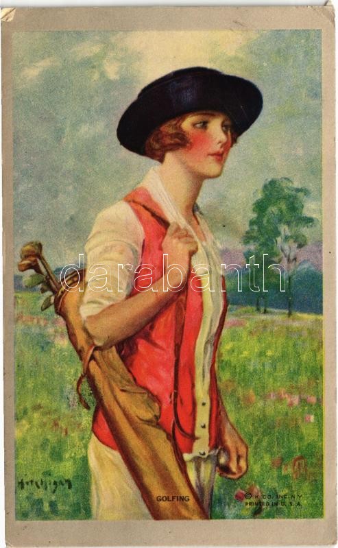 1926 'Golfing' Lady art postcard. K. Co. Inc. 161. (EK)