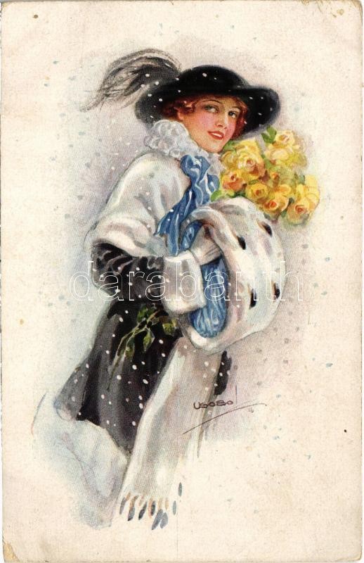 1921 Lady art postcard, winter. 'ERKAL' Künstler-Serie 309/4. s: Usabal (EK)
