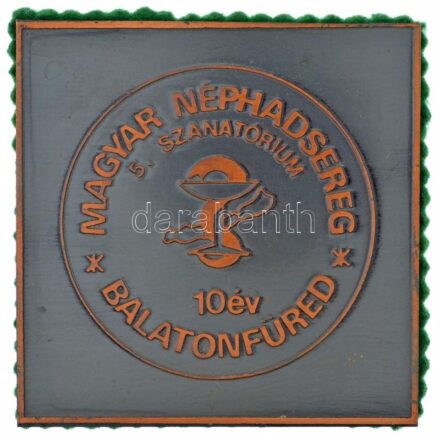 ~1980. 'Magyar Néphadsereg 5. Szanatórium - 10 év - Balatonfüred' egyoldalas bronz plakett, hátoldalán filc bevonattal (70x70mm) T:2 ü.