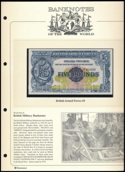 Nagy-Britannia / Katonai kiadás 1948-1972. 5p-5Ł (7xklf) on 'Banknotes of the World' lefűzhető információs lapokon + Ausztria 1944. 1Sch 'Szövetséges megszállás' + Amerikai Egyesült Államok / Katonai kiadás 1947-1948. 10c, mindkettő