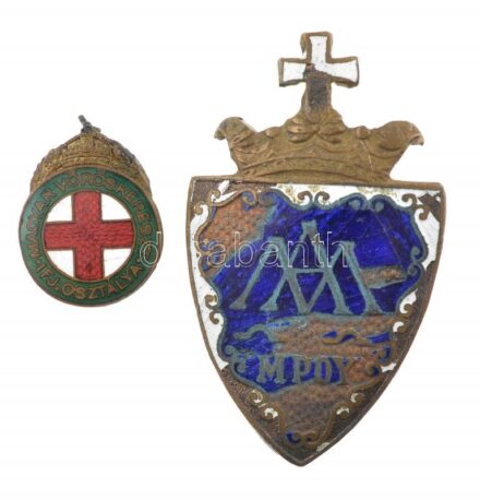 ~1910-1920. 'Magyar Vöröskereszt Ifjúsági Osztálya' zománcozott bronz jelvény (24x19mm) + ~1930. zománcozott fém piarista gimnáziumi sapkajelvény (58x35mm) T:1--2- patina, az egyiken a zománc erősen sérült, elferdült tű
