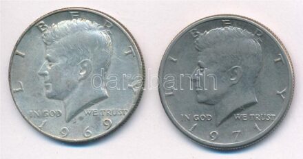 Amerikai Egyesült Államok 1969D 1/2$ Ag 'Kennedy' + 1971. 1/2$ Cu-Ni 'Kennedy' T:2,2- patina USA 1969D 1/2 Dollar Ag 'Kennedy' + 1971. 1/2$ Cu-Ni 'Kennedy' C:XF,VF patina Krause KM#202a