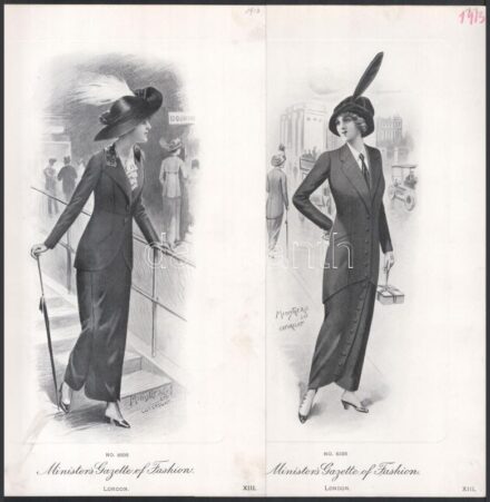 cca 1910, 13 db londoni női és férfi divatkép (Minister's Gazette&Fashion), ofszet nyomat, papír, 23,5x13 cm.