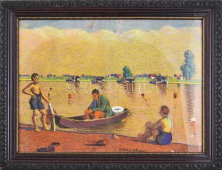 Király János (?-?): Strandolók. Pasztell, papír. Jelzett. Üvegezett, dekoratív, kissé sérült fakeretben. 43x58 cm