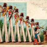 1901 Military humour art postcard, military band. litho (fl)