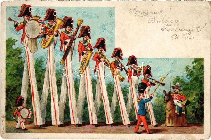1901 Military humour art postcard, military band. litho (fl)