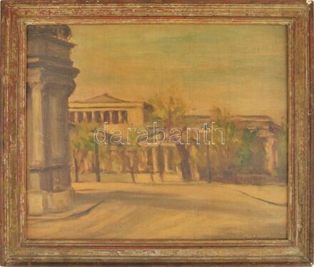 Szász Károly István (1909-1979): Hősök tere a Szépművészeti Múzeummal, Budapest. Olaj, fa, jelezve jobbra lent. Kissé sérült. Dekoratív fakeretben, 40×49 cm / Oil on wood, signed lower right, slighty damaged, framed.