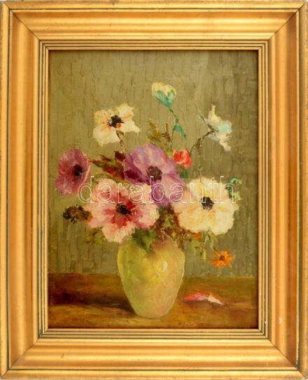 Jelzés nélkül, feltehetően a XX. sz. közepén működött magyar festő: Csendélet. Olaj, vászon. Dekoratív, sarkaiban kissé sérült fakeretben, 40×30 cm