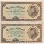 1946. 100.000.000P (2x) sorszámkövetők 'P 287 043208 - 043209' T:III apró szakadás, folt Adamo P27