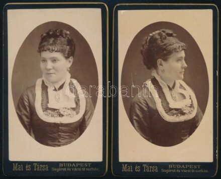 cca 1880 Kézdi-Kovács Mária, Kézdi Kovács László (1864-1942) rokonáról készült 2 db fiatalkori portré, a kor divatja szerinti elegáns öltözékben, ékszerekkel, keményhátú fotók Mai és Társa műterméből, egyiken karcolással,