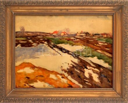 Kássa Gábor (1893-1961): Olvadás, 1929. Akvarell, papír, jelzett. Dekoratív üvegezett fakeretben, 37×48 cm