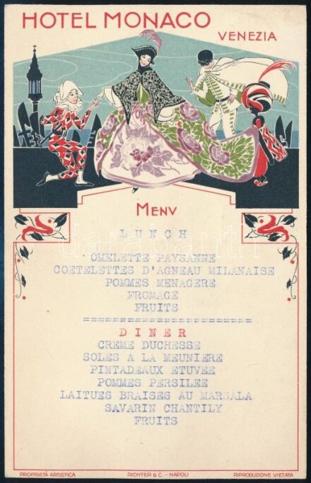 cca 1940-1950 Hotel Monaco Venezia (Velence), angol nyelvű, illusztrált menükártya, középen hajtott, 16,5x10,5 cm