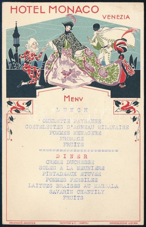 cca 1940-1950 Hotel Monaco Venezia (Velence), angol nyelvű, illusztrált menükártya, középen hajtott, 16,5x10,5 cm