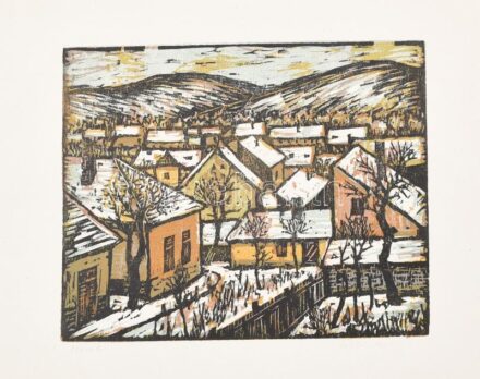 Réti Mátyás (1922-2002): Házak. Színes linómetszet, papír, jelzett, lapszéli apró foltokkal, 23×28 cm