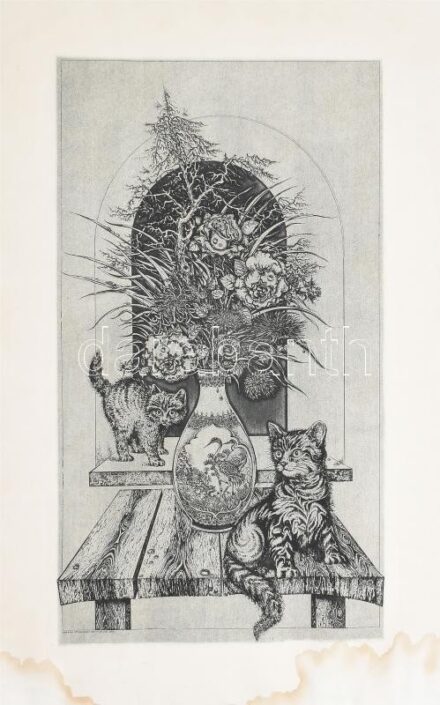 Olvashatatlan jelzéssel, XX. sz. végi szovjet alkotó: Macskák, 1985. Rézkarc, papír. Foltos. 48x28 cm