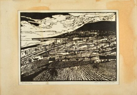 Lunczer Anikó (1942-): Badacsony, 1971. Linómetszet, papír, jelzett, foltos, sérült, vetemedett. Paszpartuban, 30×41 cm