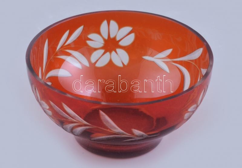 Retro piros üvegtál, virág ornamentikával, 7x14 cm