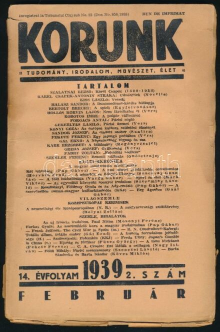1939 Korunk, a tudomány, irodalom, művészet, élet 14. évfolyamának 2. száma, foltos