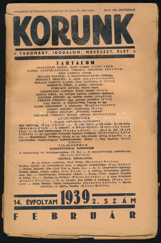1939 Korunk, a tudomány, irodalom, művészet, élet 14. évfolyamának 2. száma, foltos