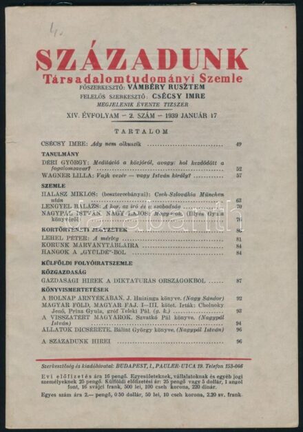 1939 Századunk, Társadalomtudományi Szemle XIV. évfolyamának 2. száma