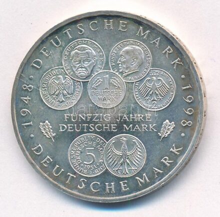 Németország 1998F 10M Ag '50 éves a Német Márka' T:1- patina Germany 1998F 10 Mark Ag '50 Years of German Deutsch Mark' C:AU patina Krause KM#195