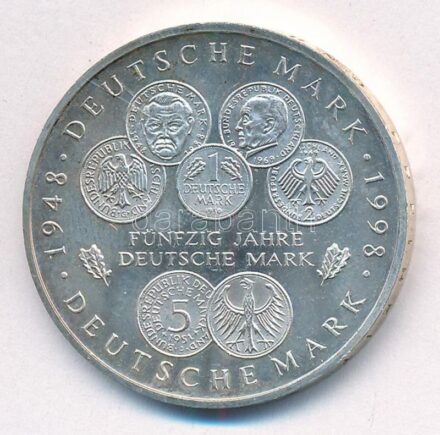 Németország 1998F 10M Ag '50 éves a Német Márka' T:1- patina Germany 1998F 10 Mark Ag '50 Years of German Deutsch Mark' C:AU patina Krause KM#195