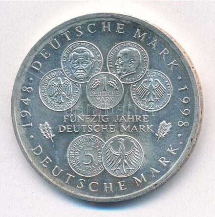 Németország 1998F 10M Ag '50 éves a Német Márka' T:1- patina Germany 1998F 10 Mark Ag '50 Years of the Deutsche Mark' C:AU patina Krause KM#195