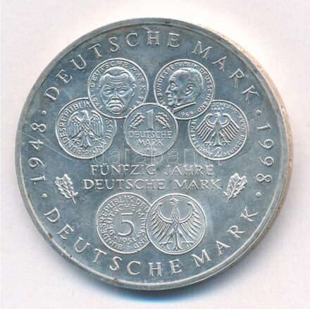 Németország 1998F 10M Ag '50 éves a Német Márka' T:1- patina, kis ph Germany 1998F 10 Mark Ag '50 Years of the Deutsche Mark' C:AU patina, small edge error Krause KM#195