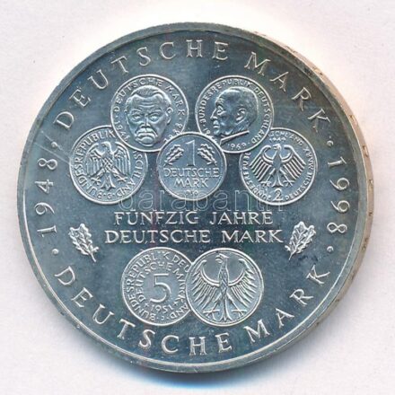 Németország 1998F 10M Ag '50 éves a Német Márka' T:1- patina, kis ph Germany 1998F 10 Mark Ag '50 Years of the Deutsche Mark' C:AU patina, small edge error Krause KM#195