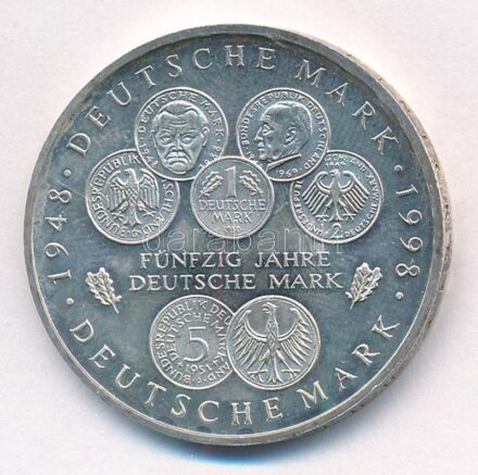 Németország 1998F 10M Ag '50 éves a Német Márka' T:1- patina, kis ph Germany 1998F 10 Mark Ag '50 Years of the Deutsche Mark' C:AU patina, small edge error Krause KM#195