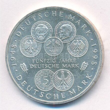 Németország 1998F 10M Ag '50 éves a Német Márka' német nyelvű tanúsítvánnyal T:1- kis patina Germany 1998F 10 Mark Ag '50 Years of the Deutsche Mark' with german certificate C:AU small patina Krause KM#195